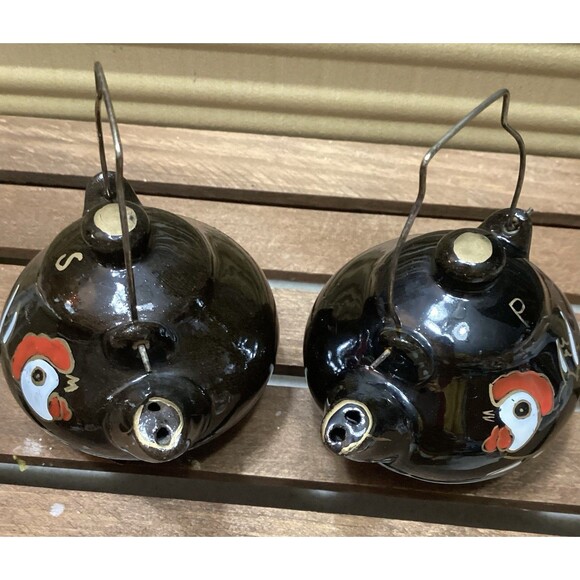 Vintage Black Teapot Kettle w/ Rooster Salt & Pepper Shakers Made in Japan - Picture 12 of 14
